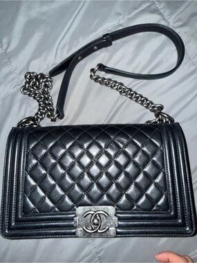100% Authentic Chanel Black Quilted Leather Boy Bag with Silver Chain Medium